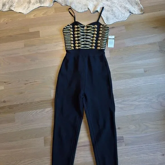 Dalia Macphee Black & Gold Bodycon Military Jumpsuit Size 2/4 Small NWT